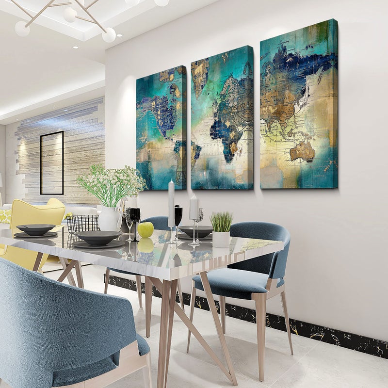 Pogusmavi Canvas Wall Art for Living Room - World Map Wall Decor - Large Wall Art for Bedroom - Office Artwork - Map Wall Art 16"x32" 3 Piece Canvas Wall Art - Image 4